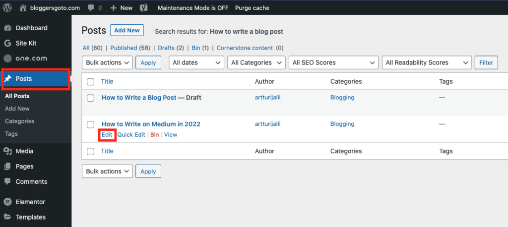 Select a post in the admin view by clicking "Posts", then clicking "Edit" on a desired post.