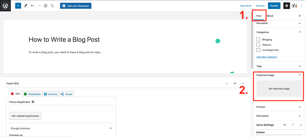 Add featured image on WordPress post by clicking "Post" on the top right of the edit view. Then scroll down and select "Set featured image".