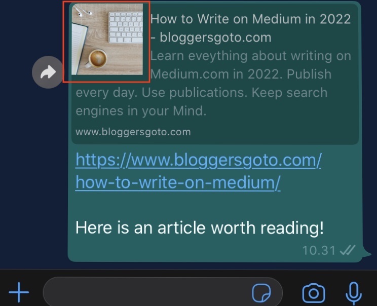 A WhatsApp Message of a shared WordPress post with a featured image.