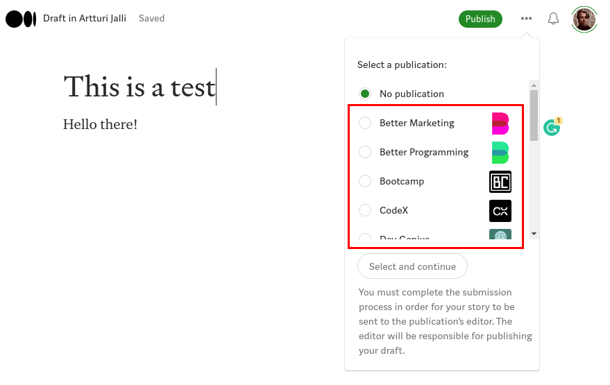 Medium publications dropdown