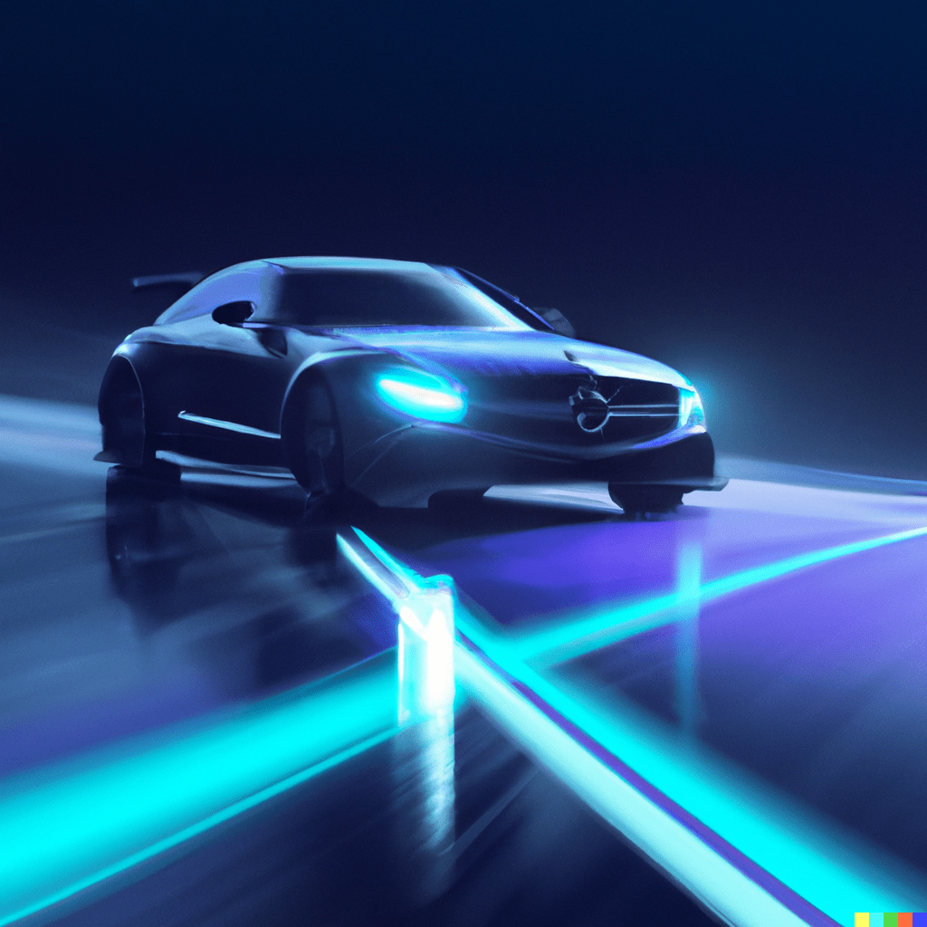 A sports car in a neon room, raytraced