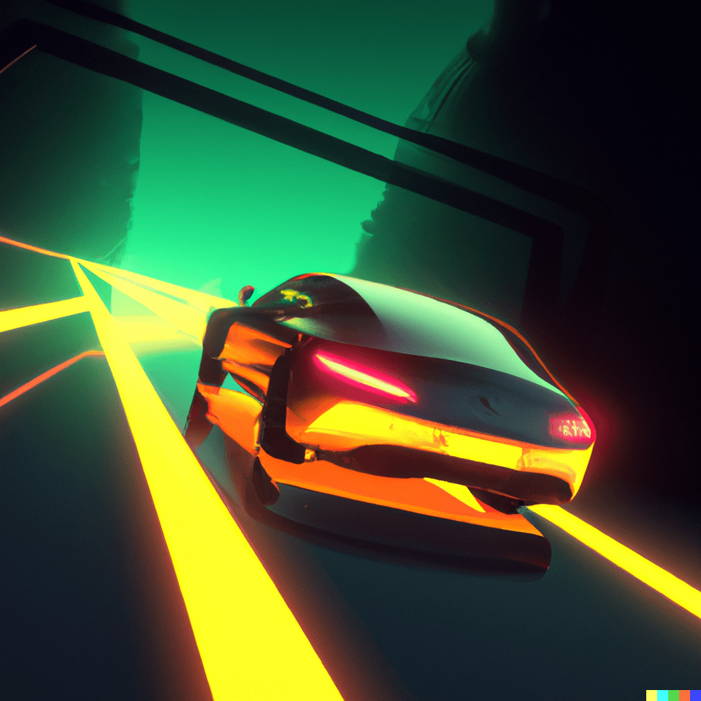 A sports car in a neon room, raytraced
