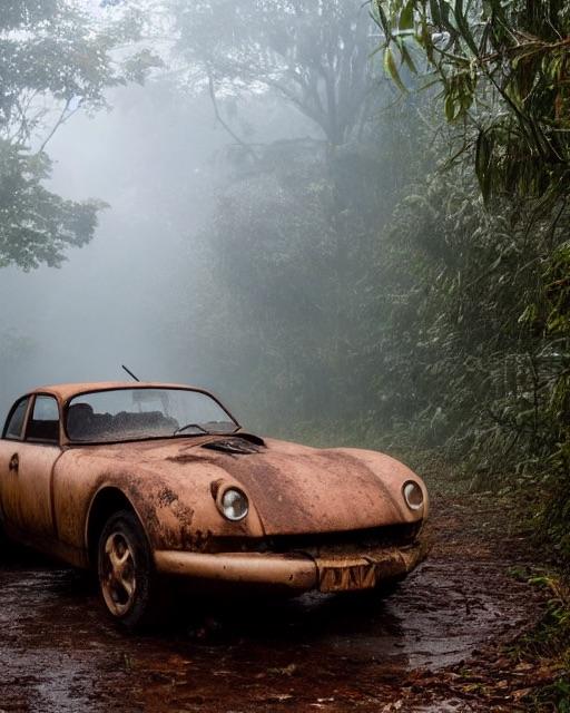 A rusty car in a forest