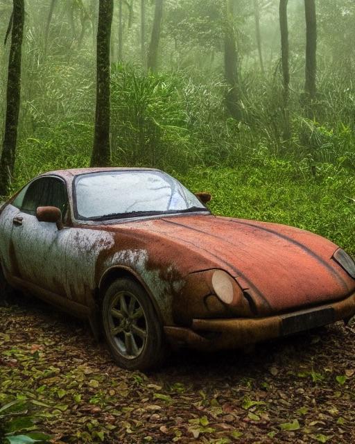 A rusty car in a forest