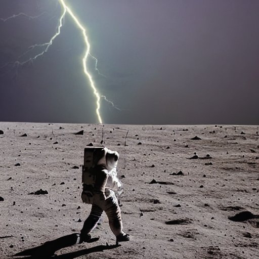 Lightning and a man walking on the moon