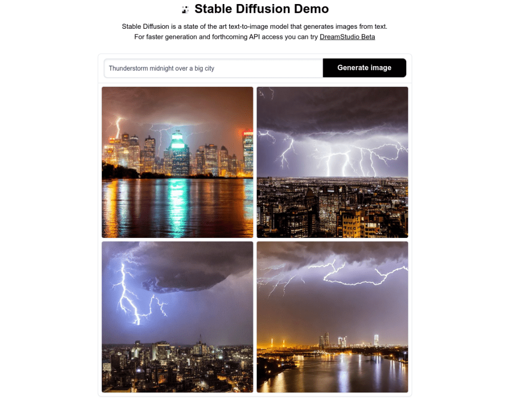 Lightning over the city made by Stable Diffusion