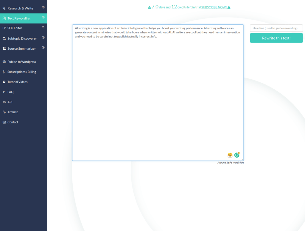AI Writer rephraser tool in action