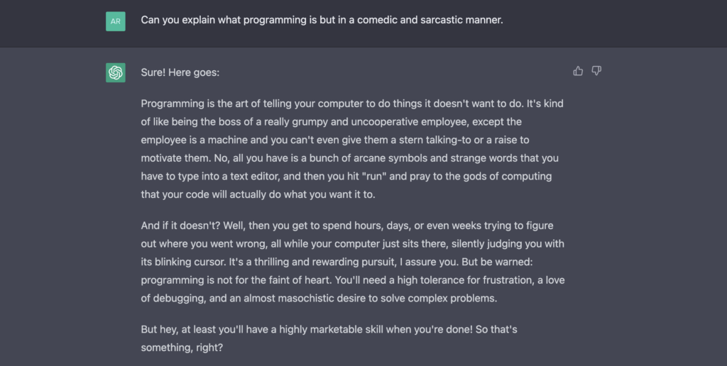 ChatGPT doing a sarcastic section about what programming is