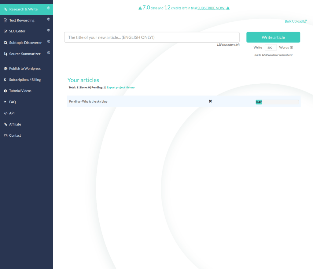 AI Writer first impression of dashboard