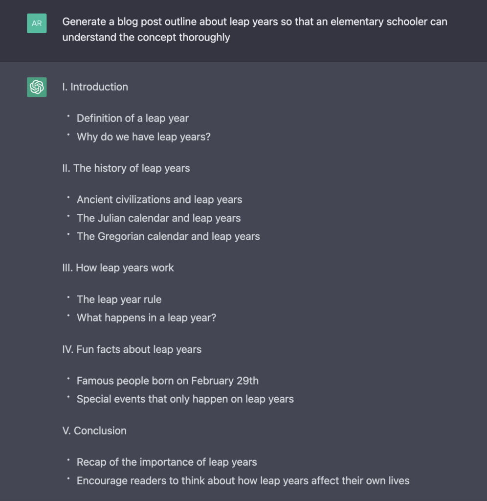 ChatGPT generating a blog post outline