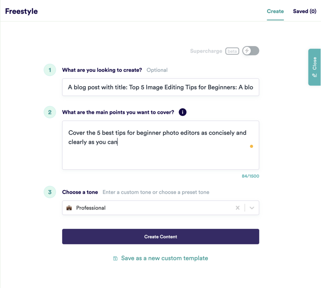 CopyAI example input freestyle mode