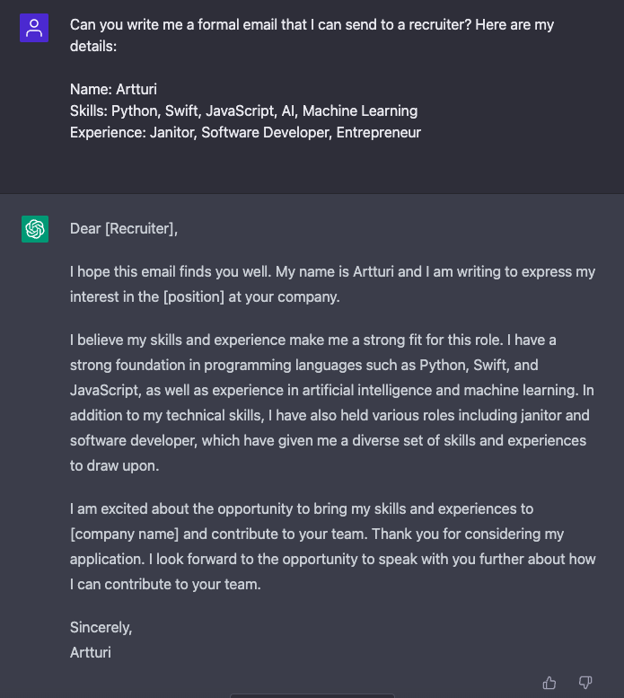 Asking ChatGPT to write a formal letter to recruiter