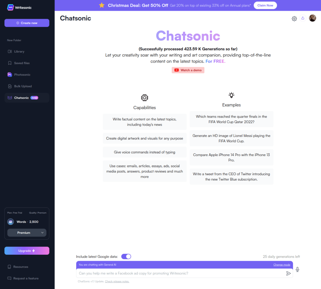 ChatSonic chat UI