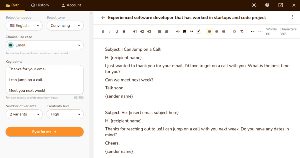 Writing an email with AI in Rytr