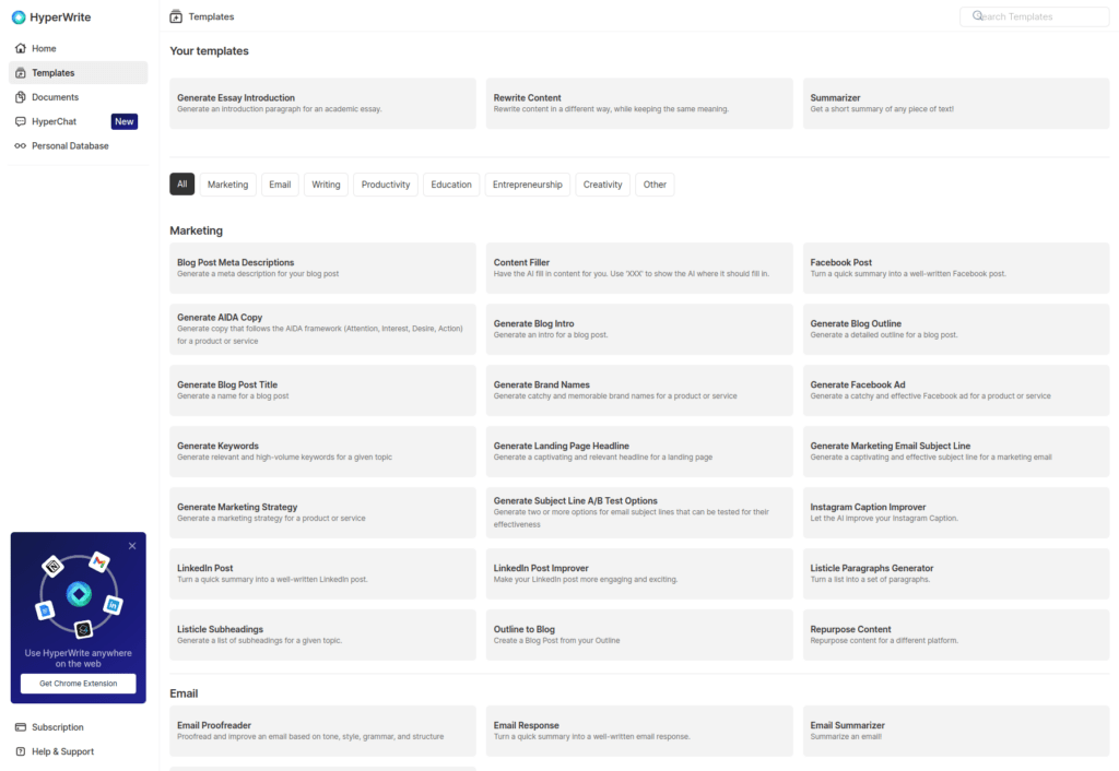 Hyperwrite templates for AI writing