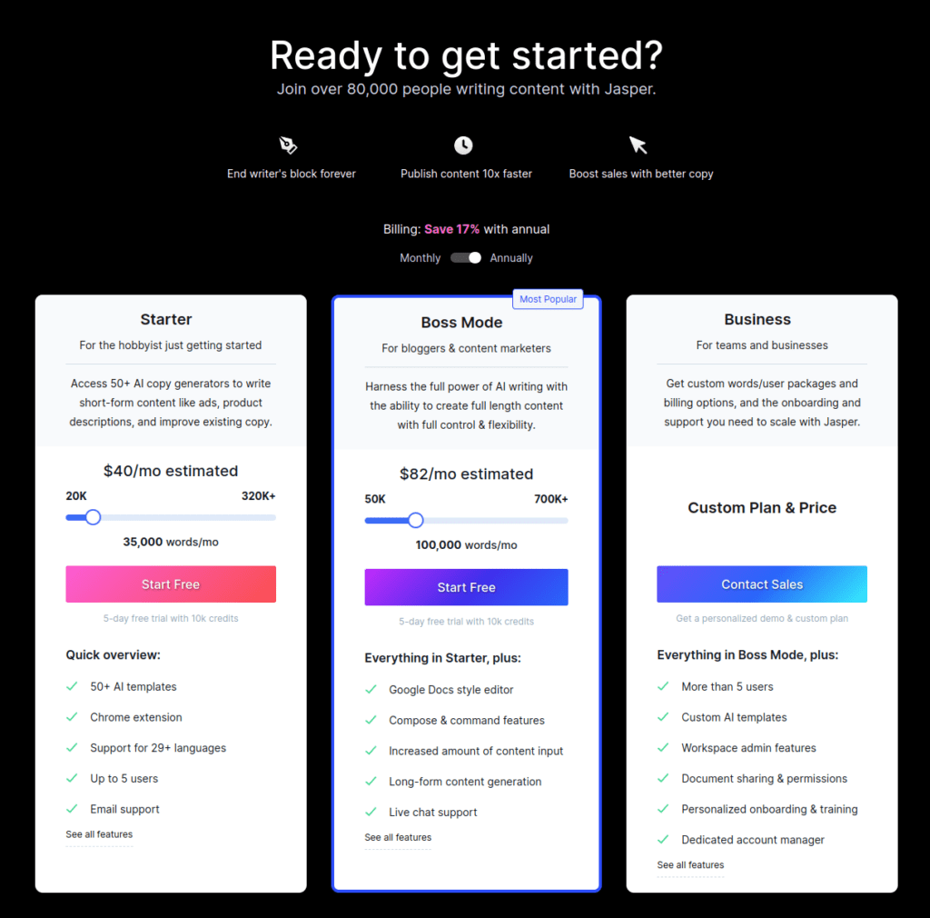 Jasper pricing table