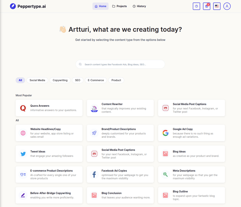 Peppertype features on the dashboard