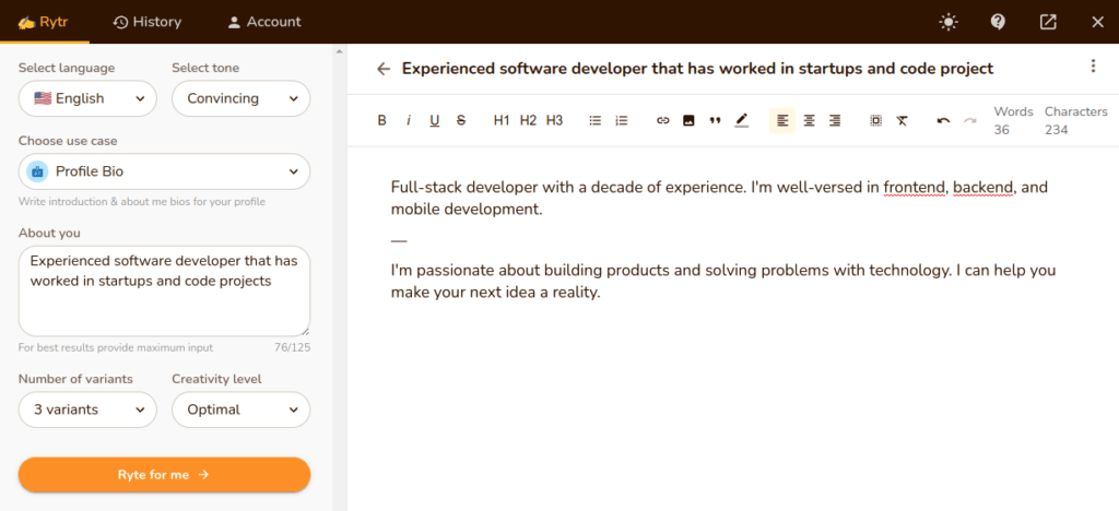 Writing a profile bio with Rytr