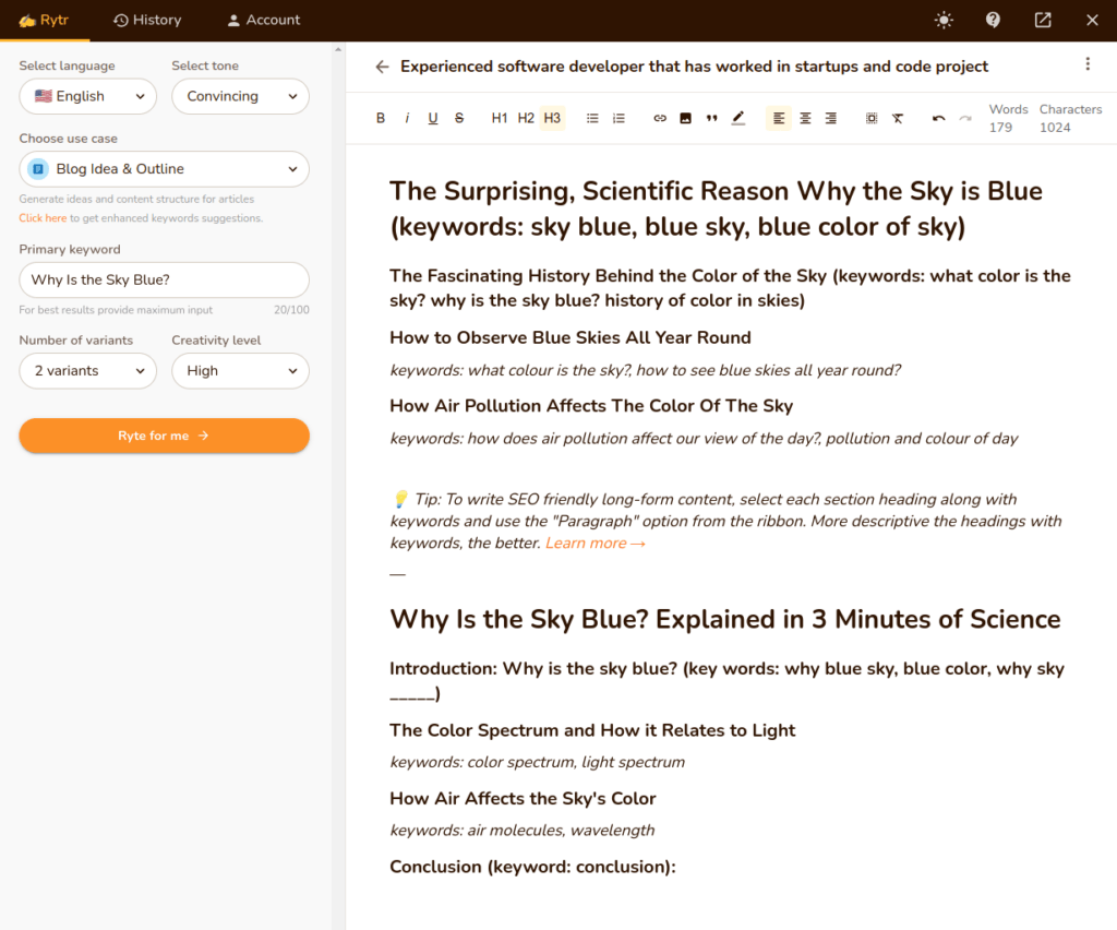 Writing a blog post with Rytr