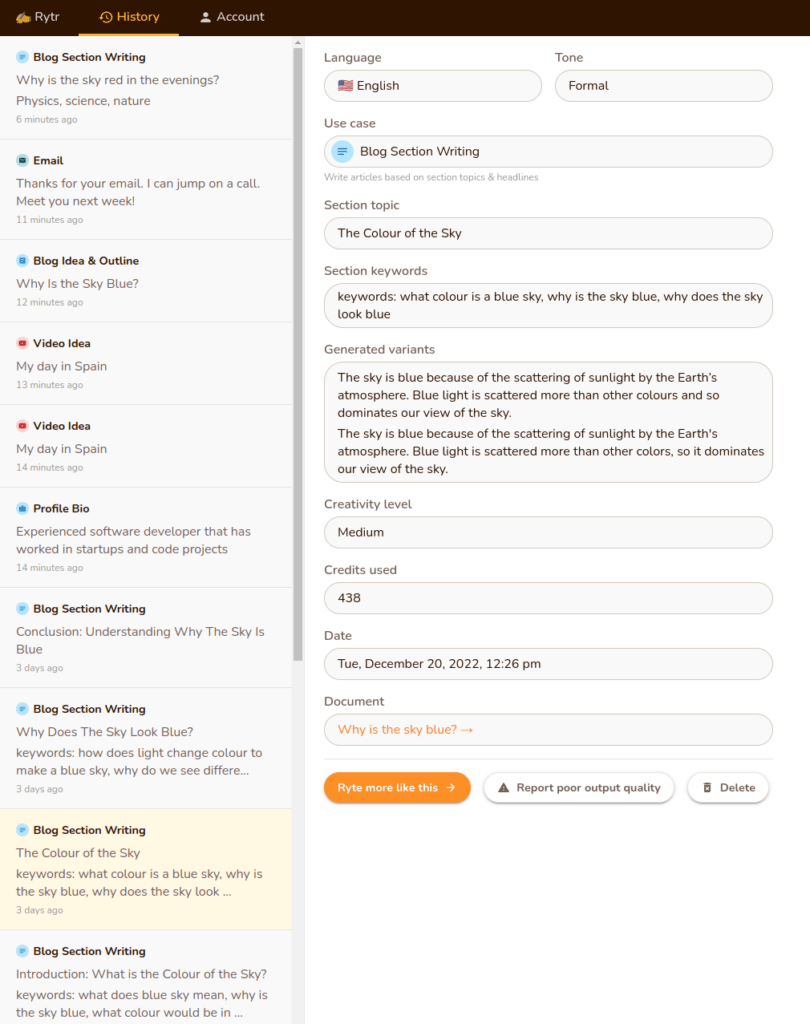 Accessing the Rytr writing history