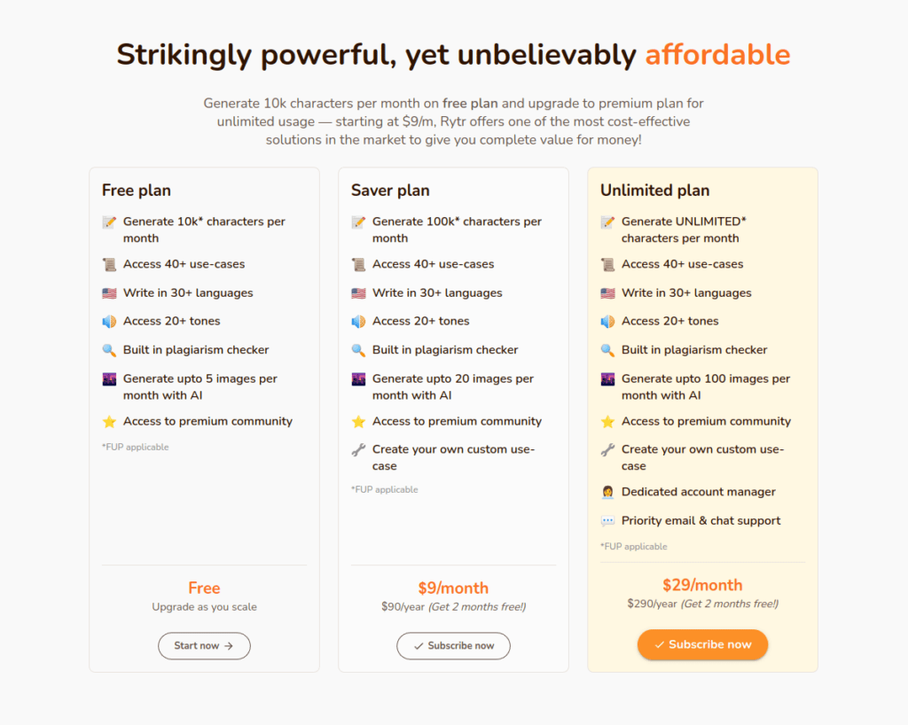 Rytr pricing table