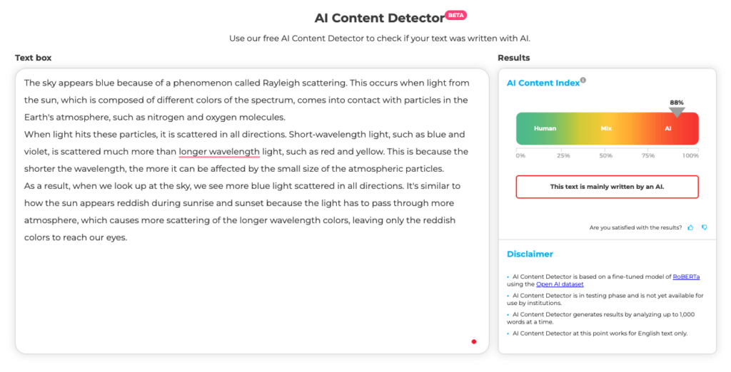 Crossplag content detector input with AI score on AI-generated content