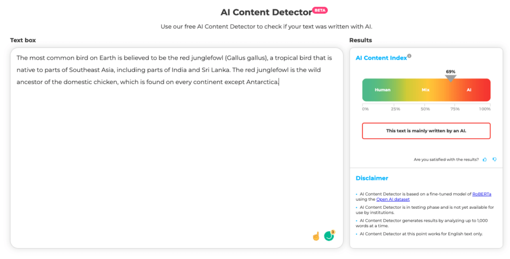 Crossplag content detector input with AI score on AI-generated content