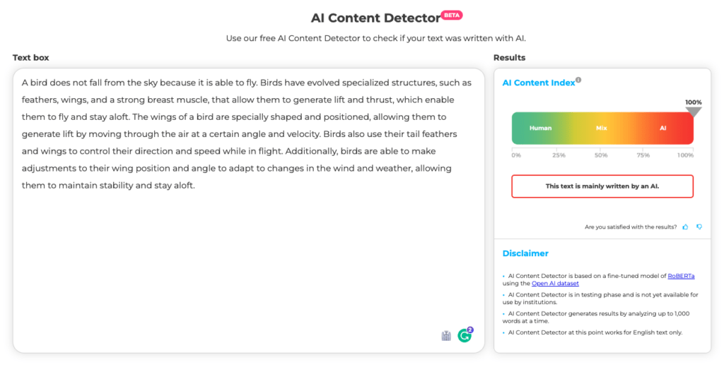 AI detector checking a piece of text