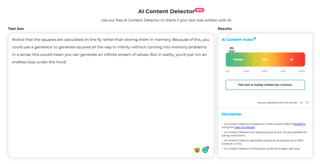 Crossplag content detector input with AI score on human-generated content
