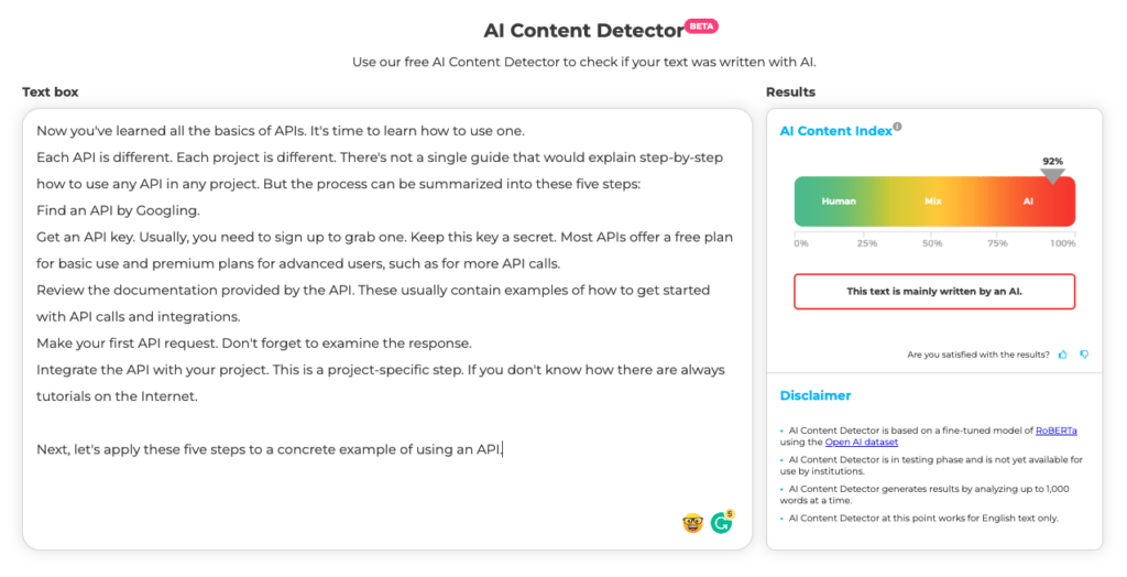 Crossplag content detector input with AI score on human-generated content