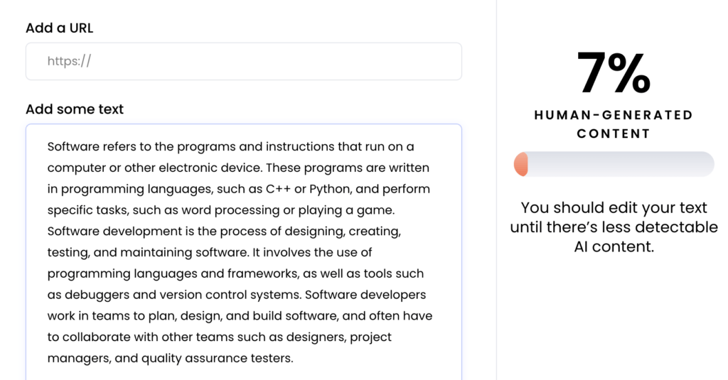 AI-generated text input with Writer.com AI detector score