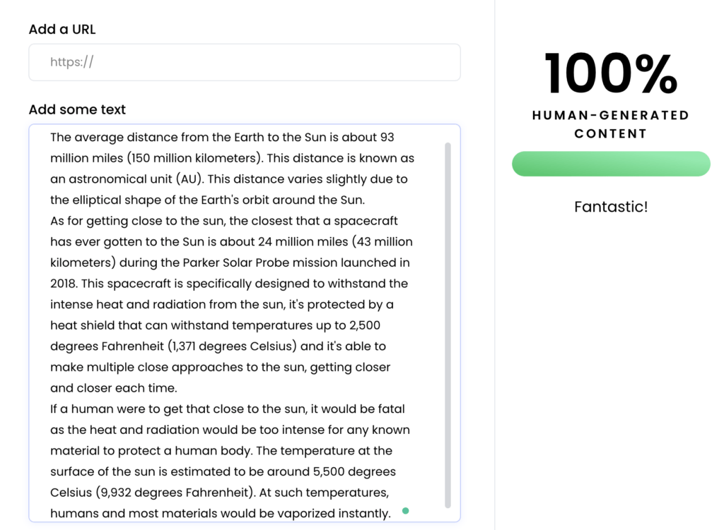 AI-generated text input with Writer.com AI detector score