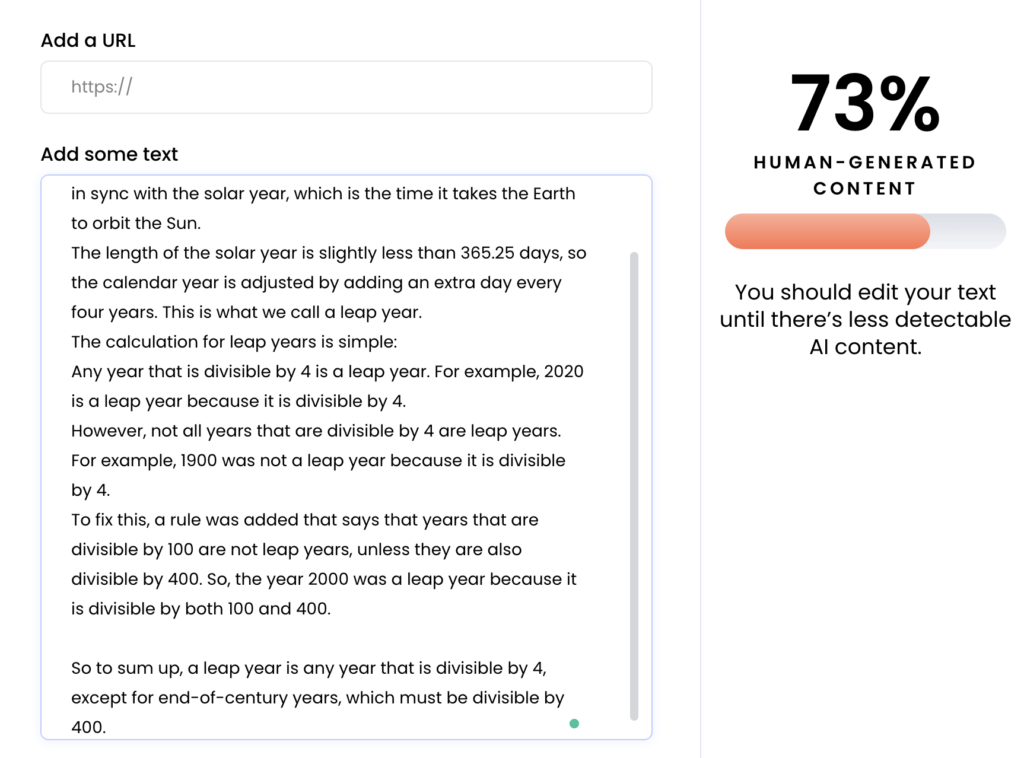 AI-generated text input with Writer.com AI detector score