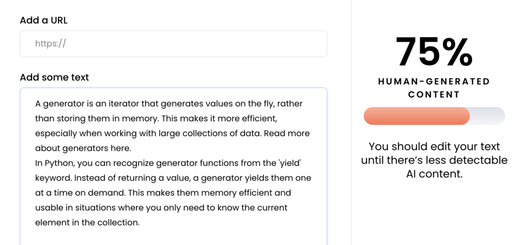 Human-generated text input with Writer.com AI detector score