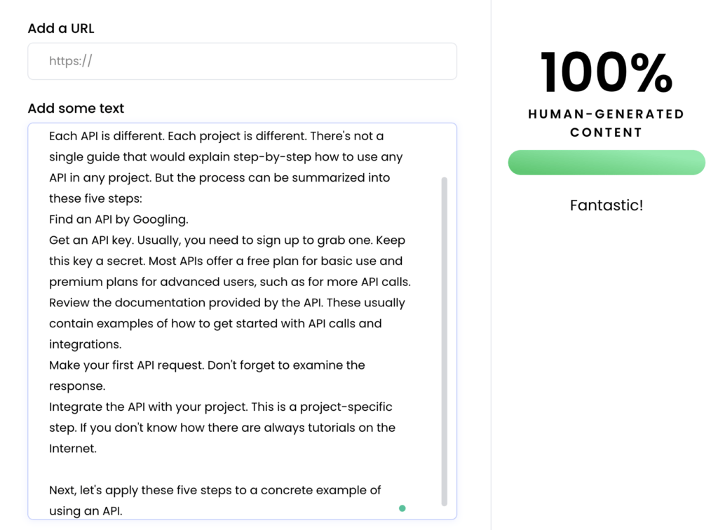 Human-generated text input with Writer.com AI detector score