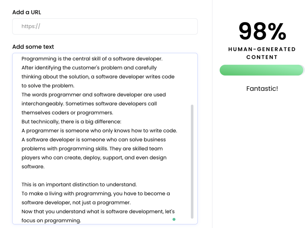 Human-generated text input with Writer.com AI detector score