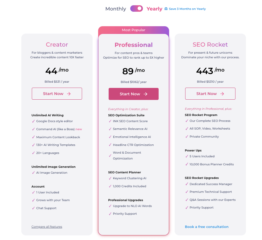 INK AI pricing table