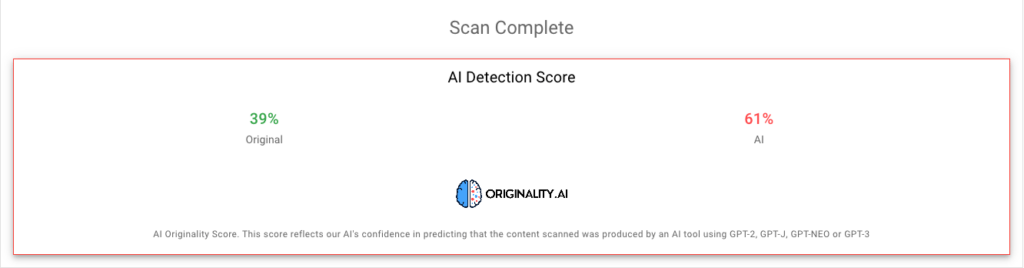 AI detection score example by Originality AI detector