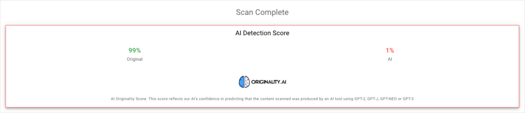 AI detection score example by Originality AI detector
