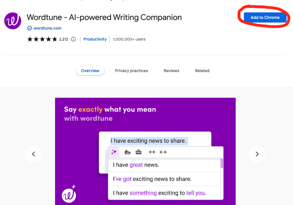 Wordtune chrome extension