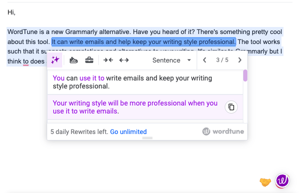WordTune suggesting email improvements