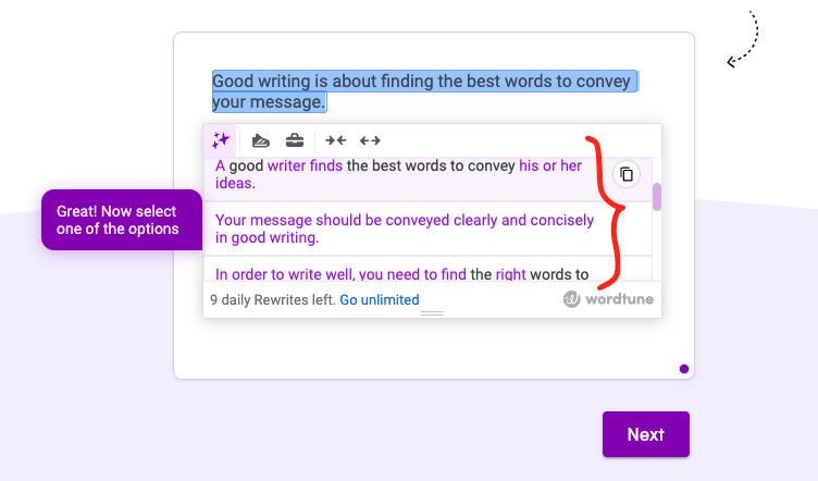 WordTune start guide shows alternatives to your text