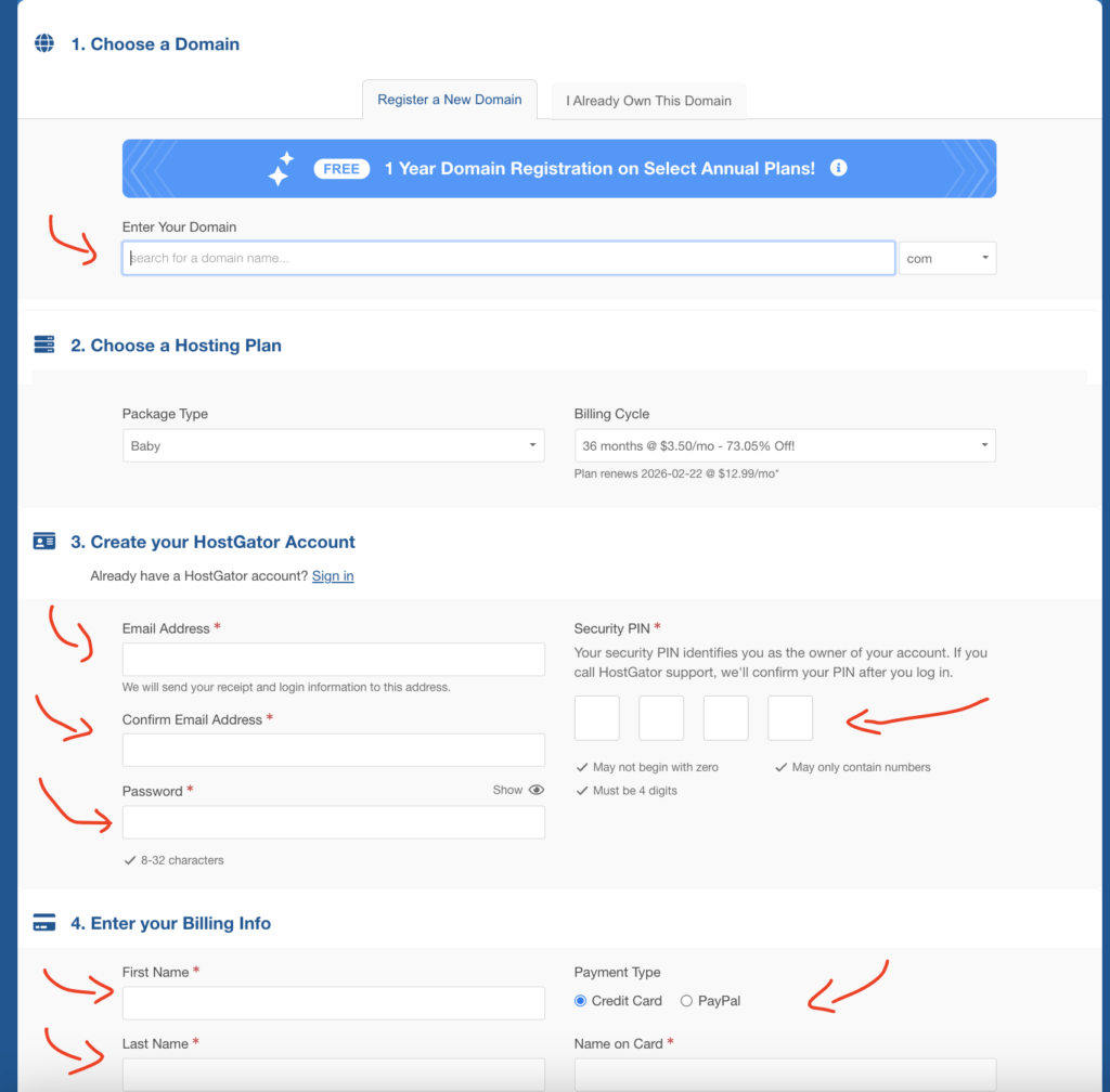 Hostgator sign up form