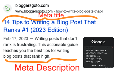 A screenshot of meta title and description in Google results