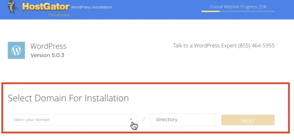 Select domain for Hostgator WP install