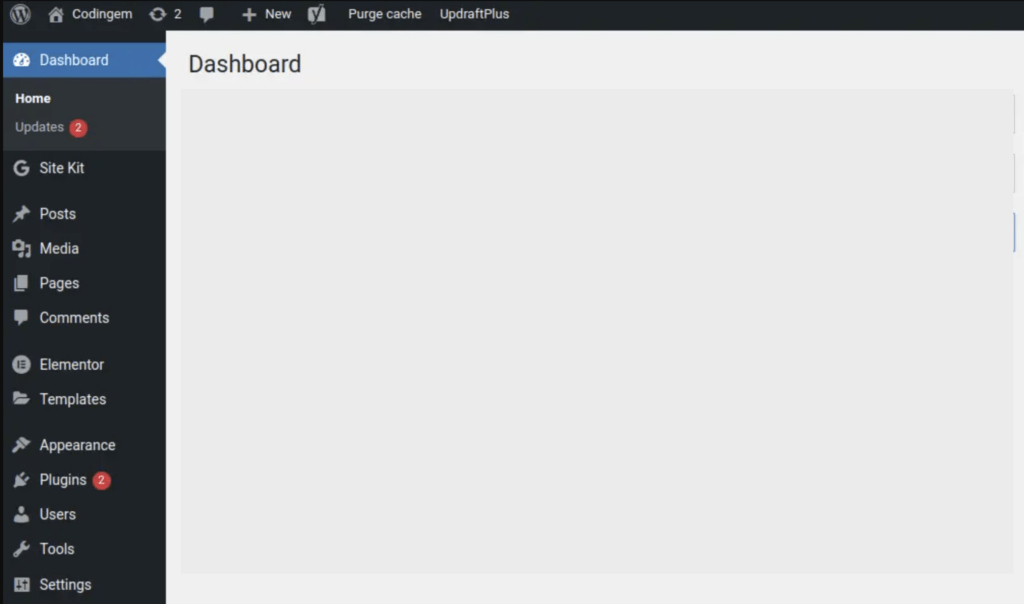 WP dashboard of a website