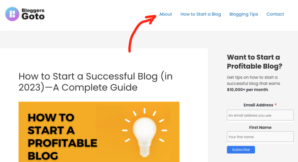 about page in website header