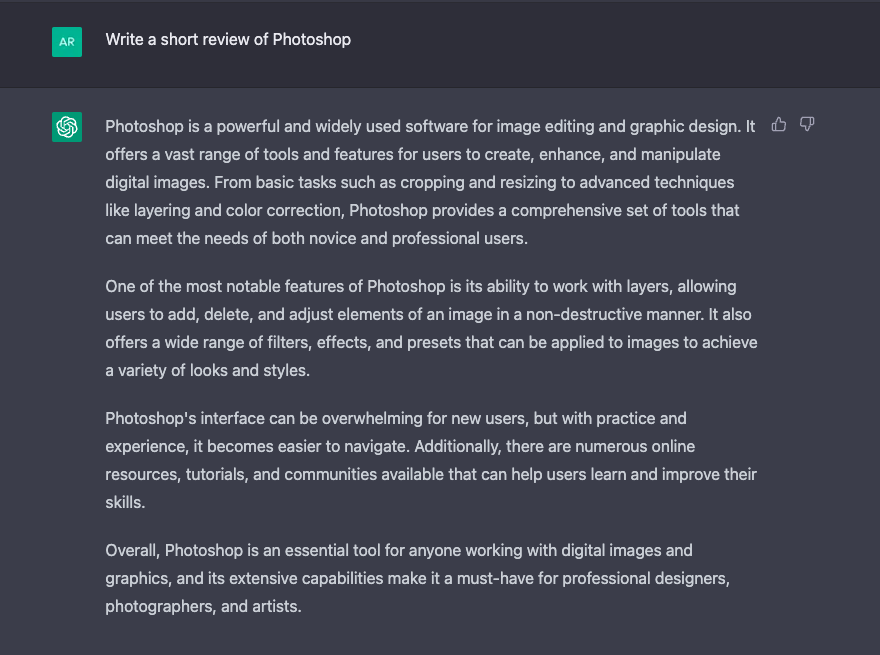 Asking ChatGPT to write a review of Photoshop