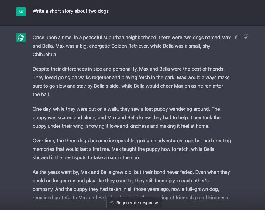 ChatGPT AI generated story example