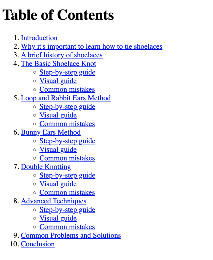 A detailed table of contents